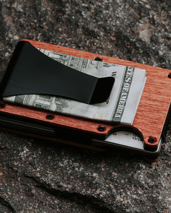 Engravable redwood wallet with RFID blocker and metal money clip