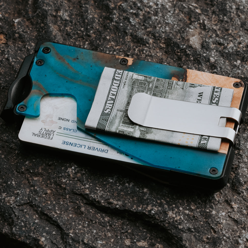 RFID blocking wood wallet. Blue resin and maple  wood wallet