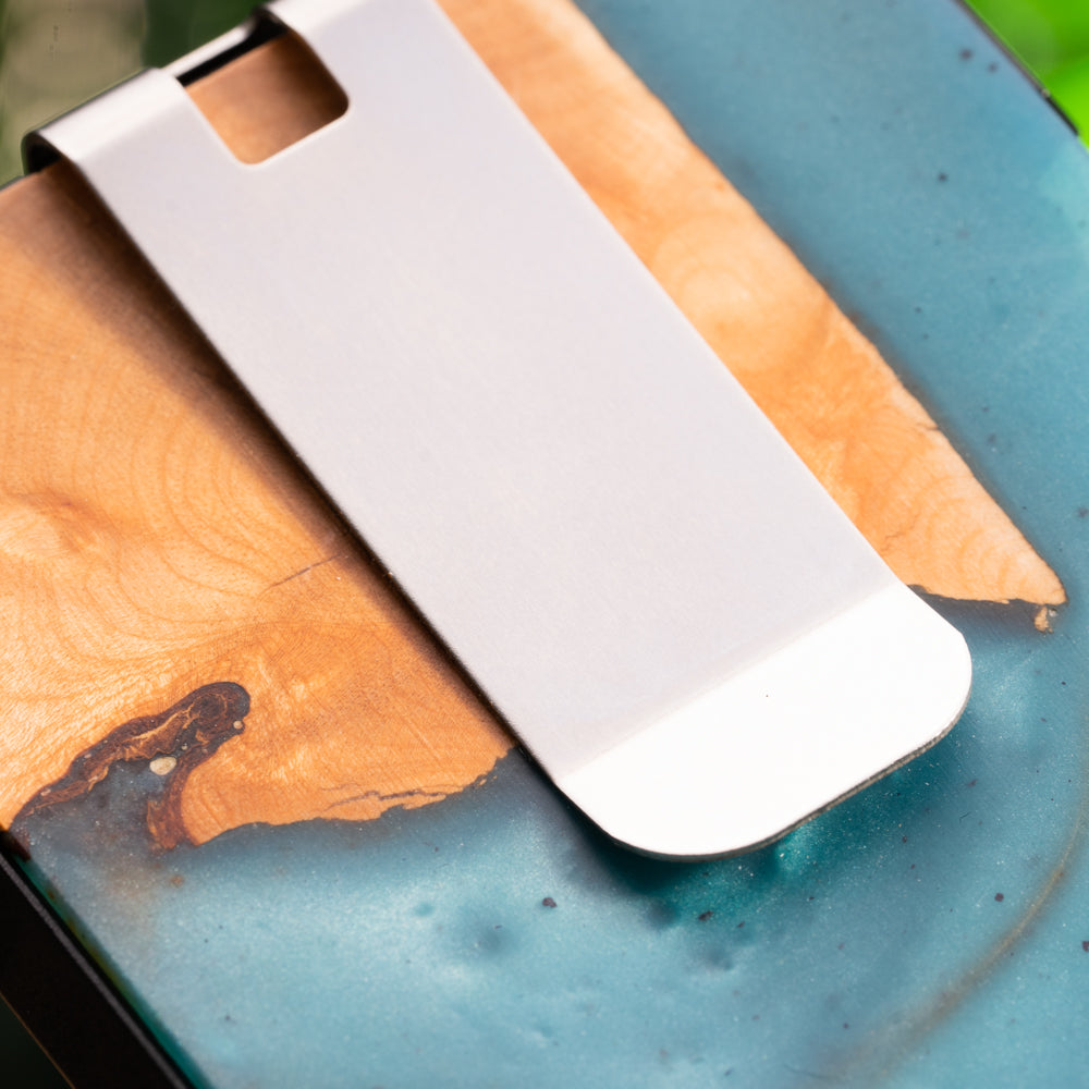 RFID blocking engravable wood wallet with aluminum money clip and coin compartment