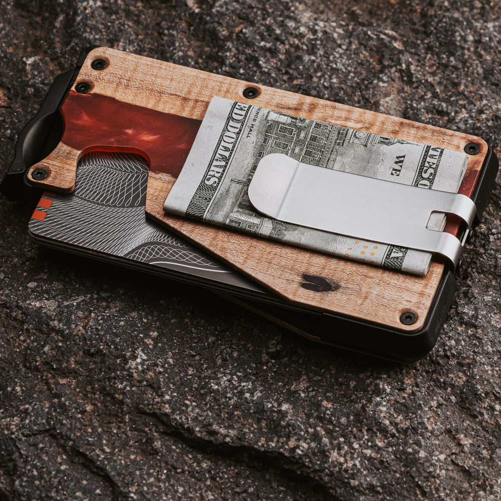 Treehut flipside wooden wallet with red resin and brown maple wood