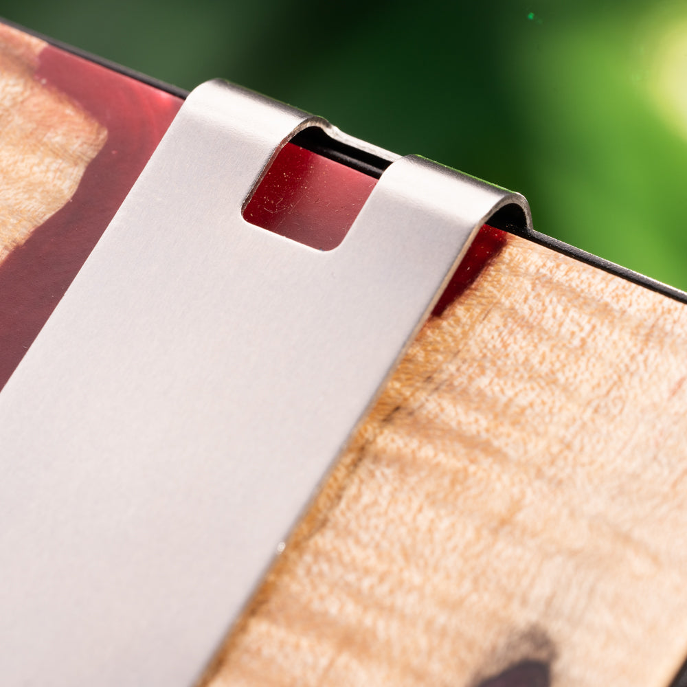 Treehut wooden wallet with engraving. Red and brown maple wood and resin wallet for men
