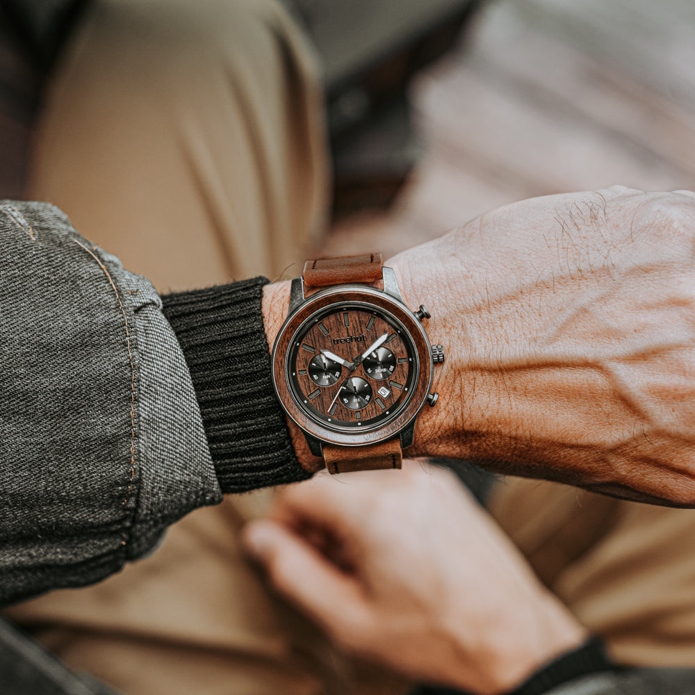 Huxley Rustic Walnut Brown Men's Chrono Stainless Steel Wooden Watch