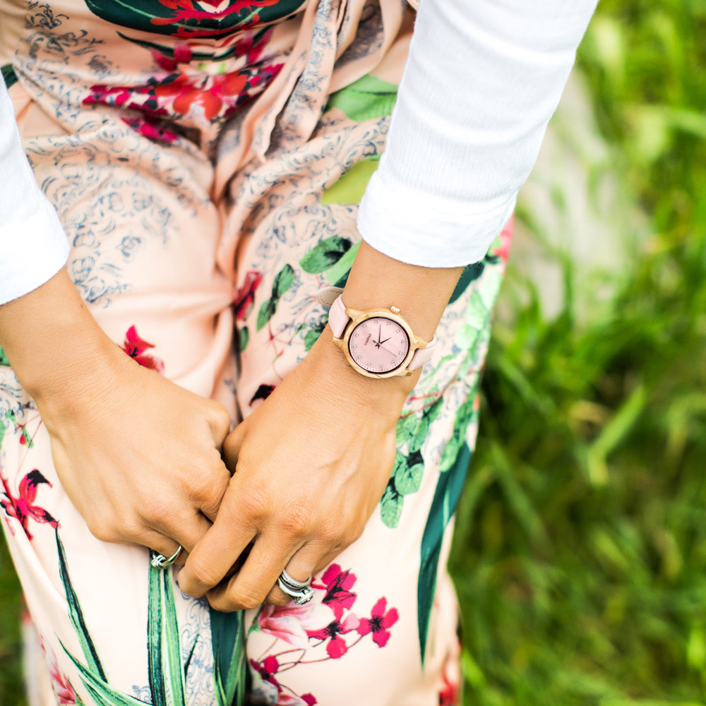 Emma Pearl Olive Rose Pink Women's Wooden Watch