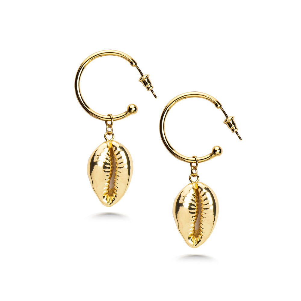 Gold Shell Hoops Women's Stone Earring