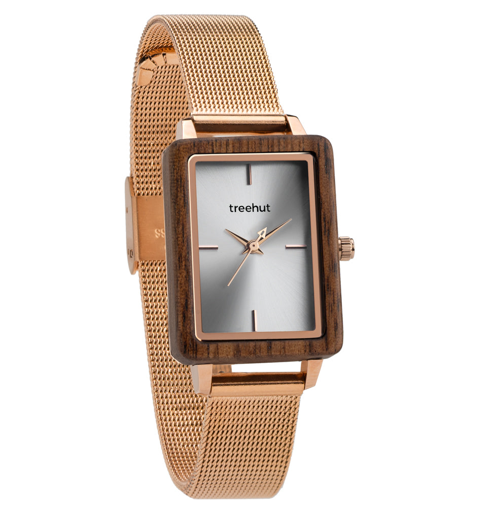 Lola Walnut Rose Gold Mesh Women's Stainless Steel Wooden Watch