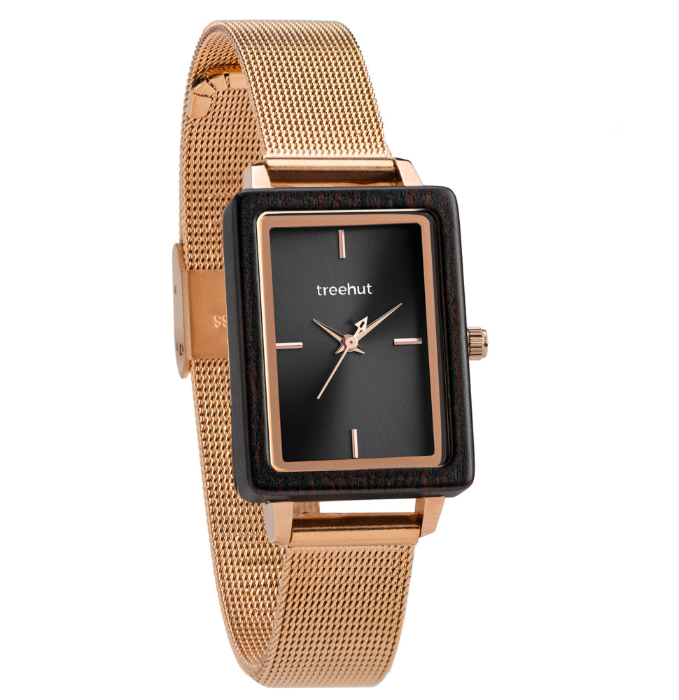 Lola Ebony Rose Gold Mesh Women's Stainless Steel Wooden Watch
