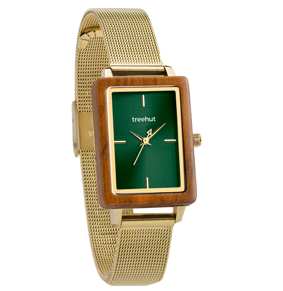 Lola Olive Gold Mesh Green Women's Stainless Steel Wooden Watch