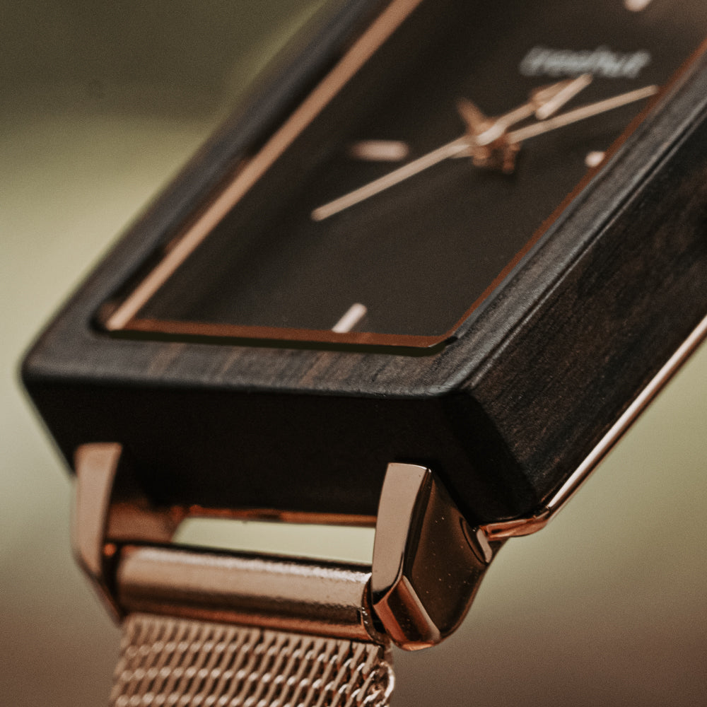 Lola Ebony Rose Gold Mesh Women's Stainless Steel Wooden Watch