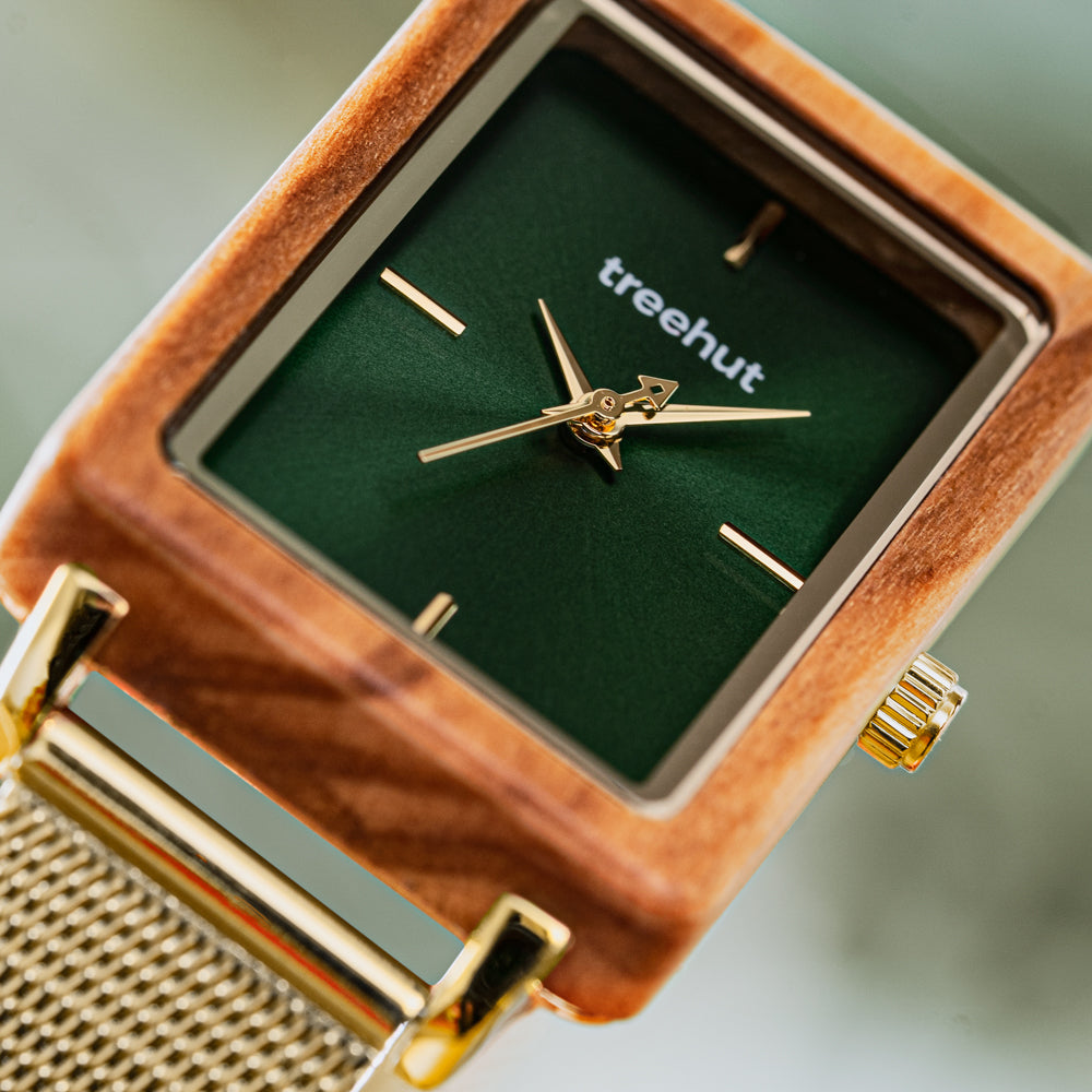 Lola Olive Gold Mesh Green Women's Stainless Steel Wooden Watch