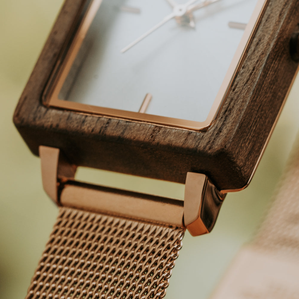 Lola Walnut Rose Gold Mesh Women's Stainless Steel Wooden Watch