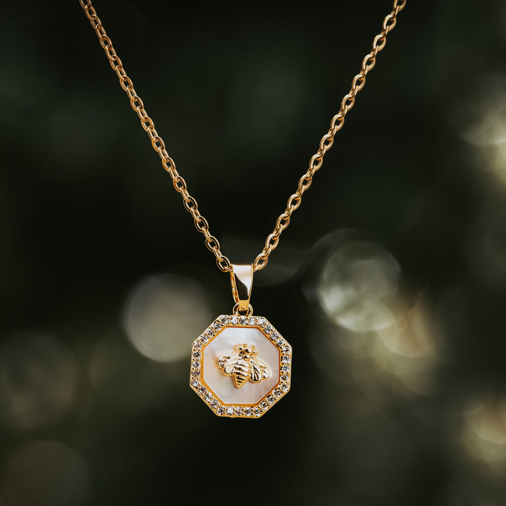 Octagon gold and white mother of pearl zirconia necklace