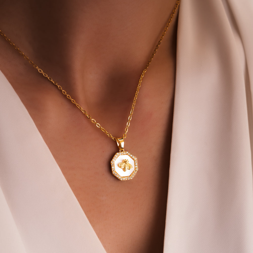 Gold bee octagon gold plated necklace with mother of pearl and cubic zirconia detailing