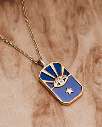 Celestial detailed blue and gold rectangle evil eye necklace 