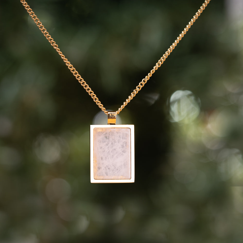 Gold plated natural rose quartz stone rectangle shaped necklace