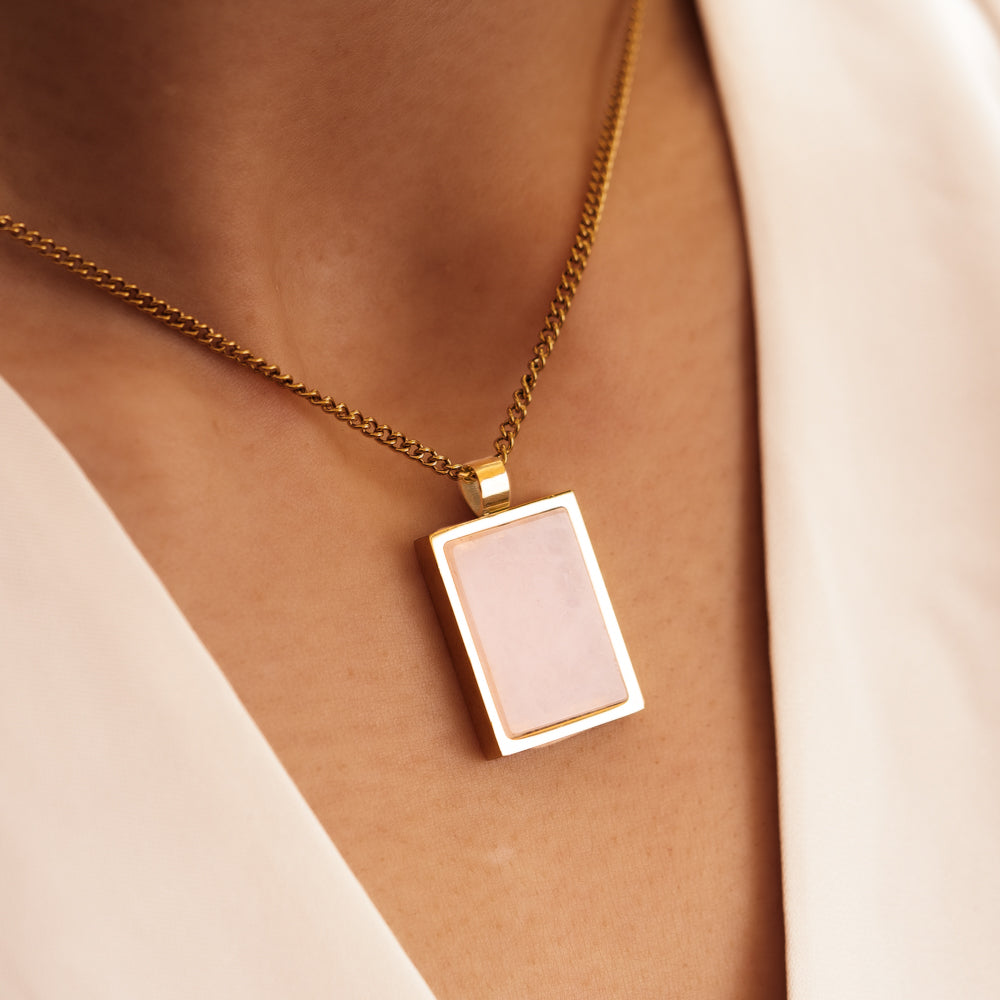 Natural rose quartz crystal pendant with gold cable chain