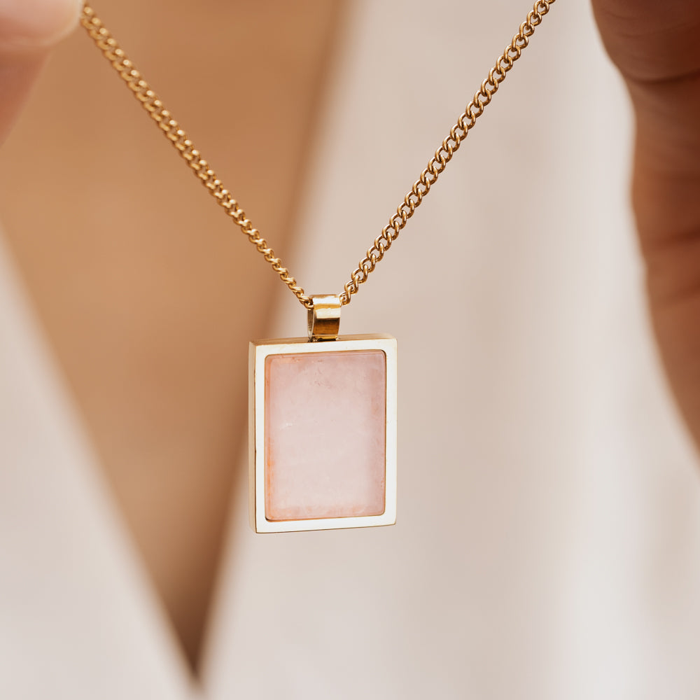 Pink and gold natural rose quartz crystal pendant with gold chain