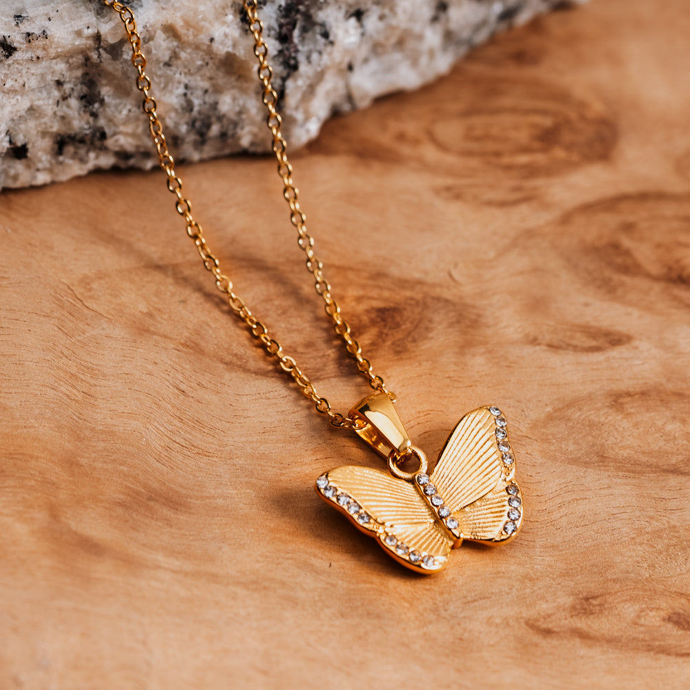 Handmade cubic zirconia and gold plated butterfly charm necklace