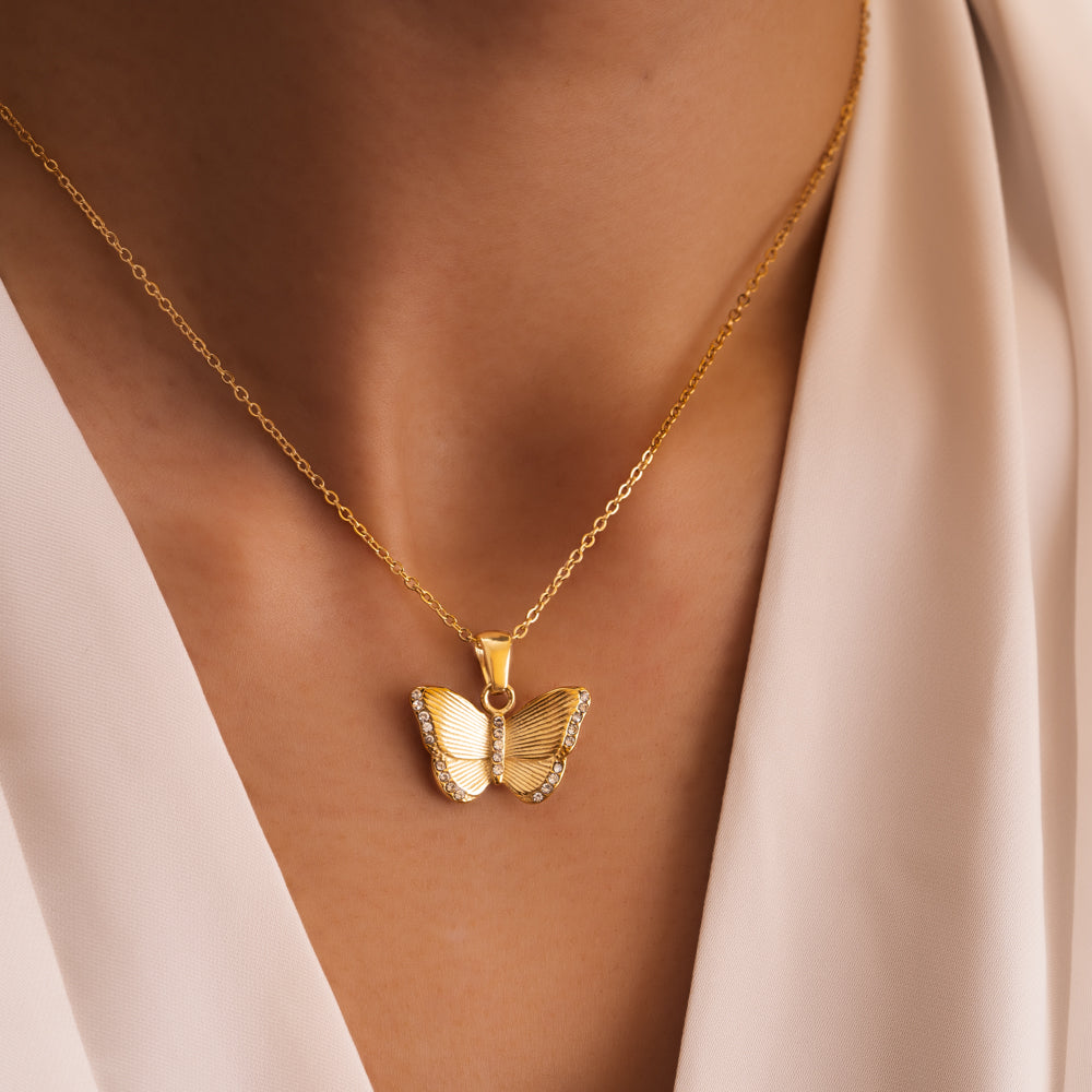 Butterfly charm necklace gold plated and cubic zirconia