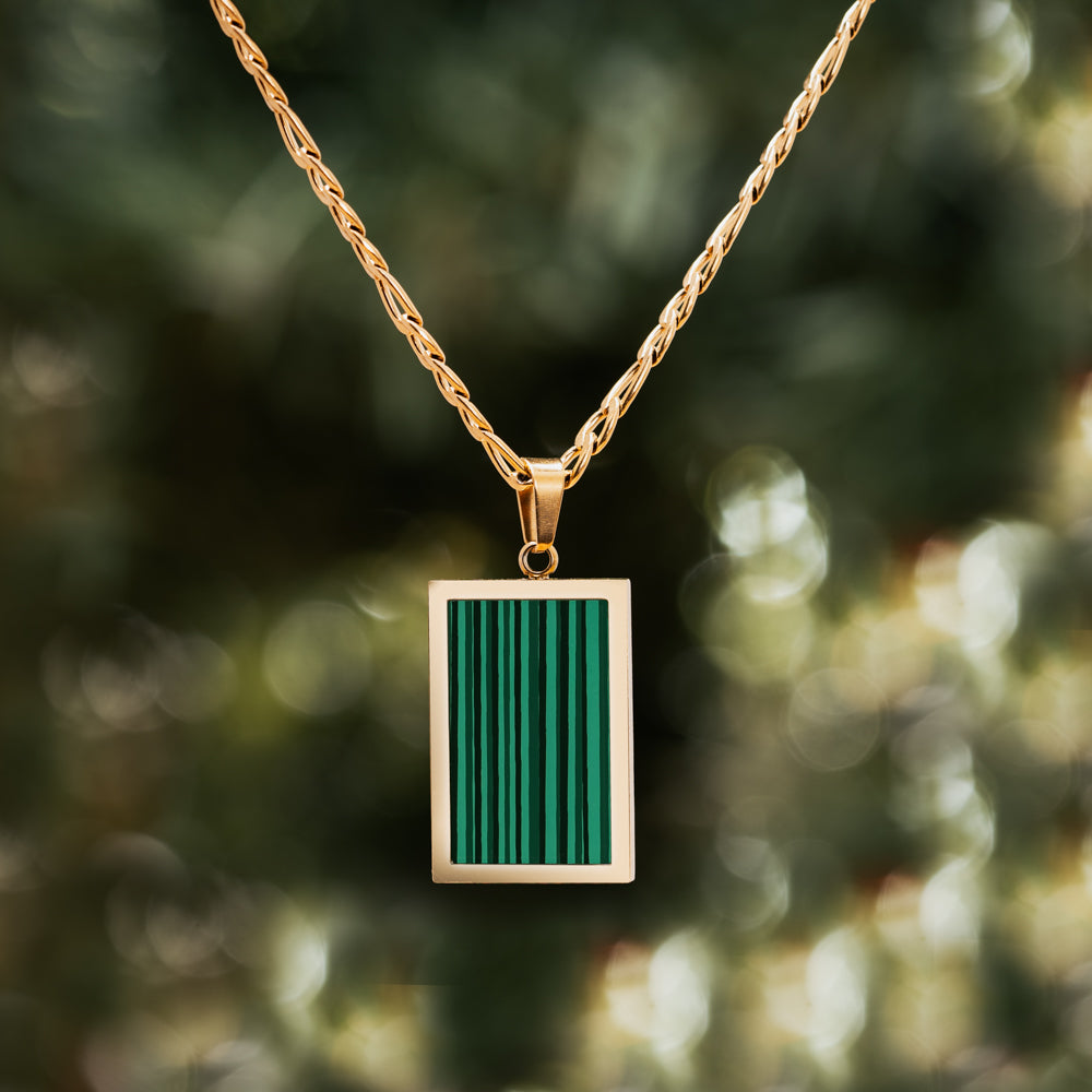 18k gold plated necklace with green malachite pattern rectangle pendant