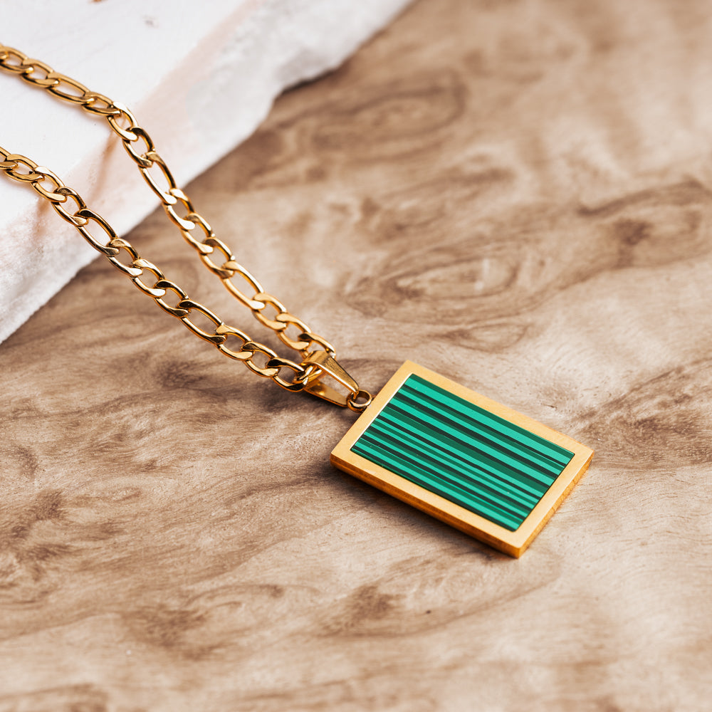 Treehut green malachite stone rectangle pendant with Figaro chain