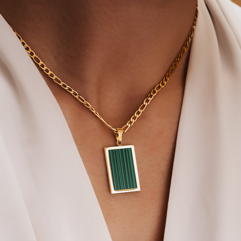 Figaro chain gold and green malachite rectangle necklace for her
