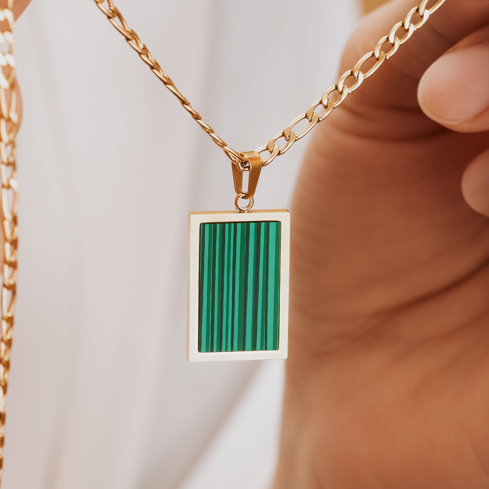 lucky green and gold malachite rectangle pendant necklace