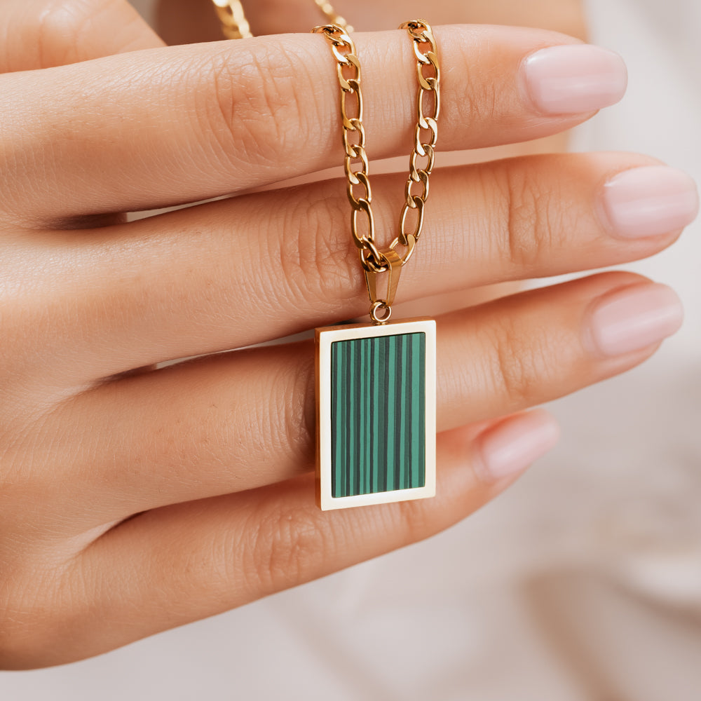 Handmade malachite patten gold plated rectangle necklace