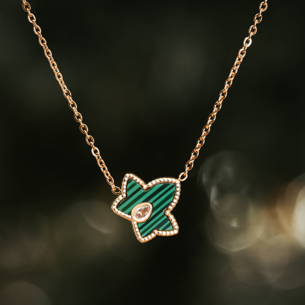 Maple leaf shaped green and gold necklace handmade by treehut