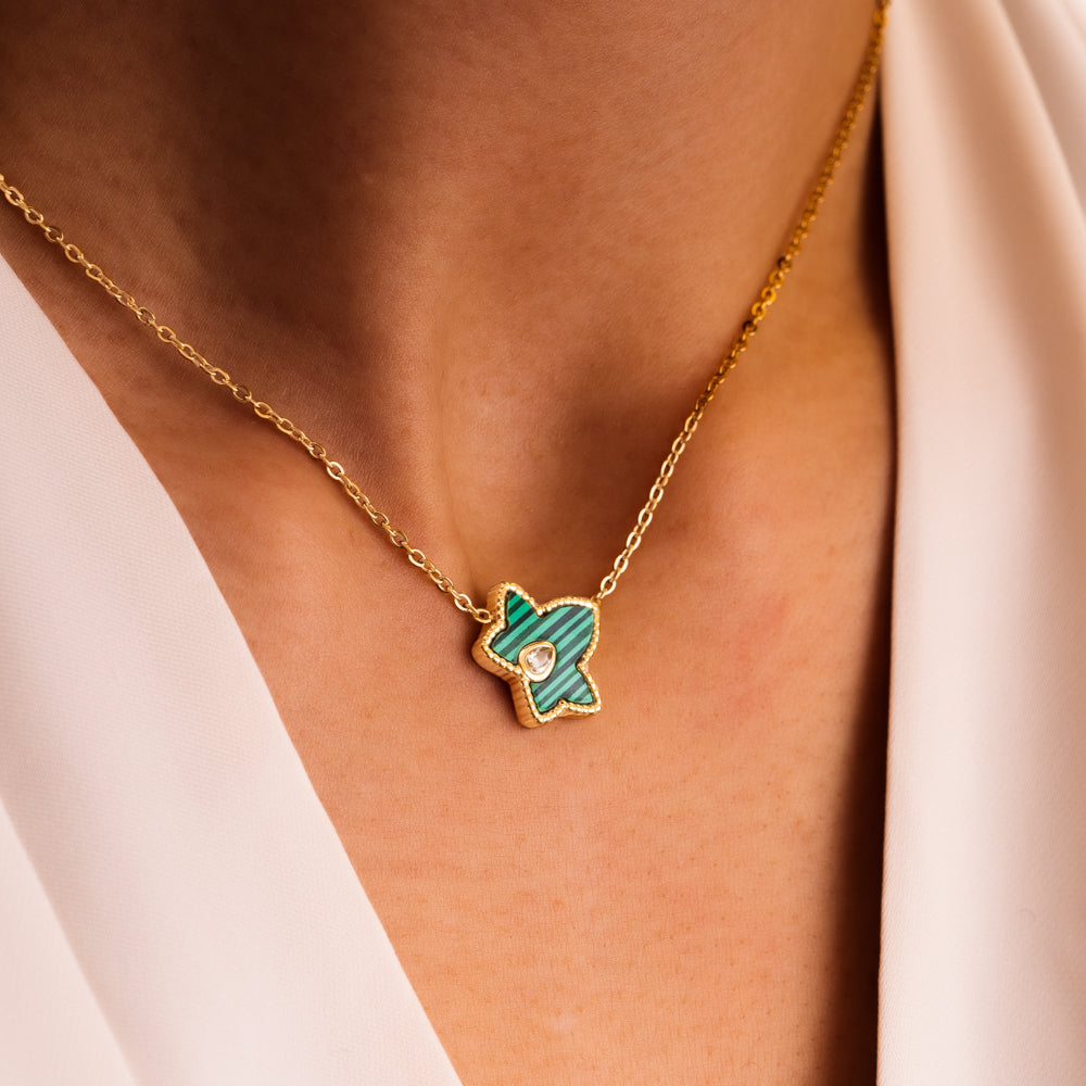 Autumn maple leaf necklace with green pendant and gold chain