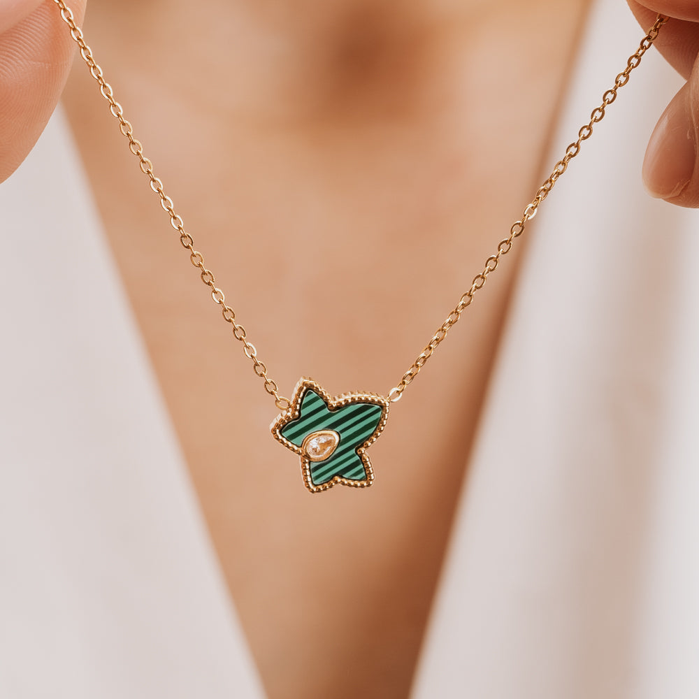 Maple leaf shaped gold plated malachite green pendant