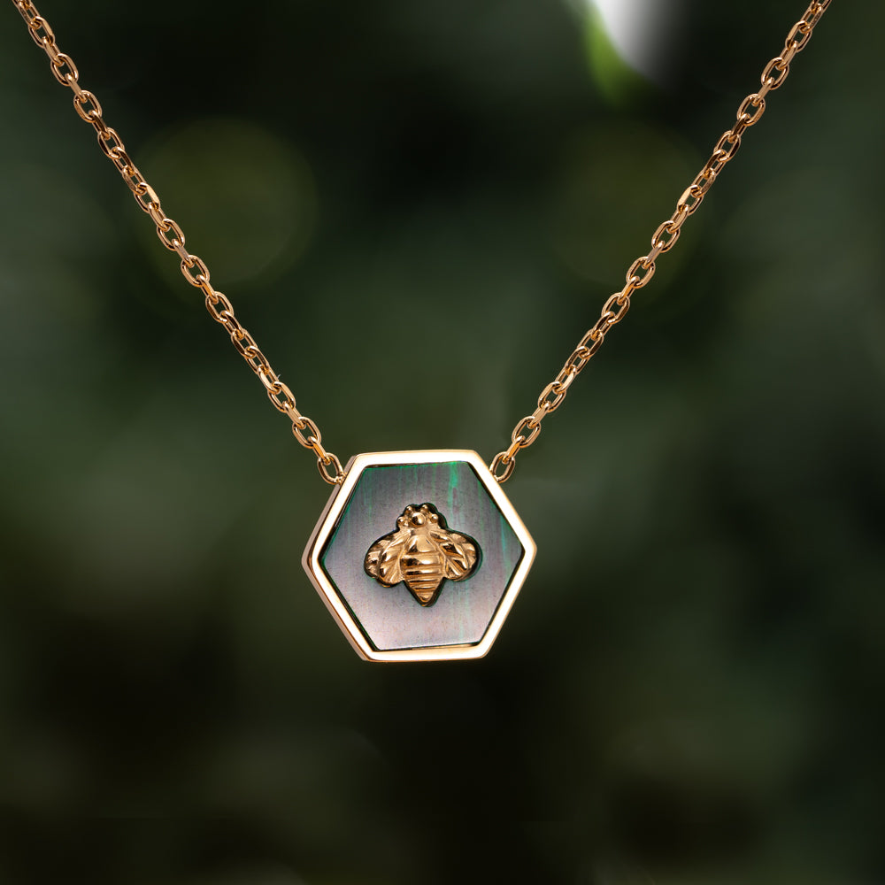 Green and gold malachite stone cable chain hexagon pendant necklace