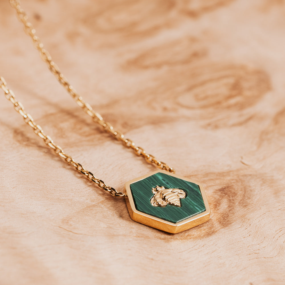 Natural malachite stone hexagon pendant with gold bee and gold cable chain