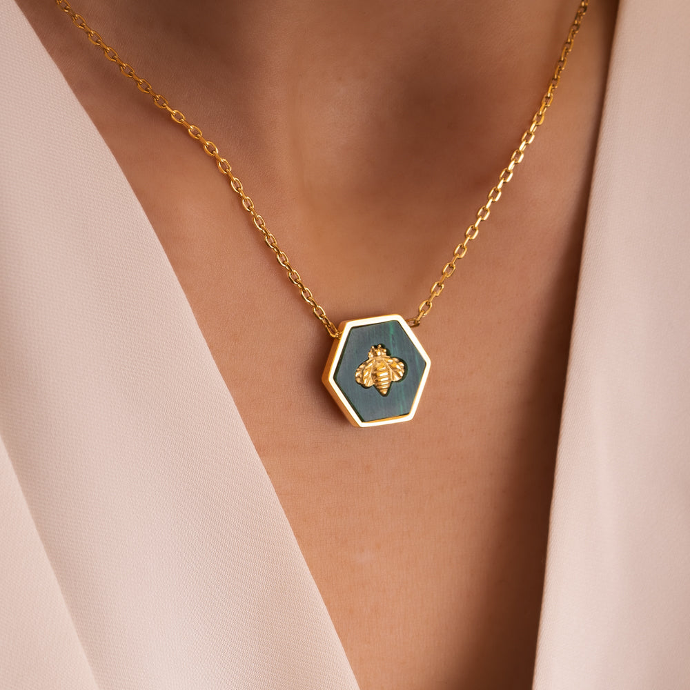 Natural malachite stone hexagon pendant with gold bee center