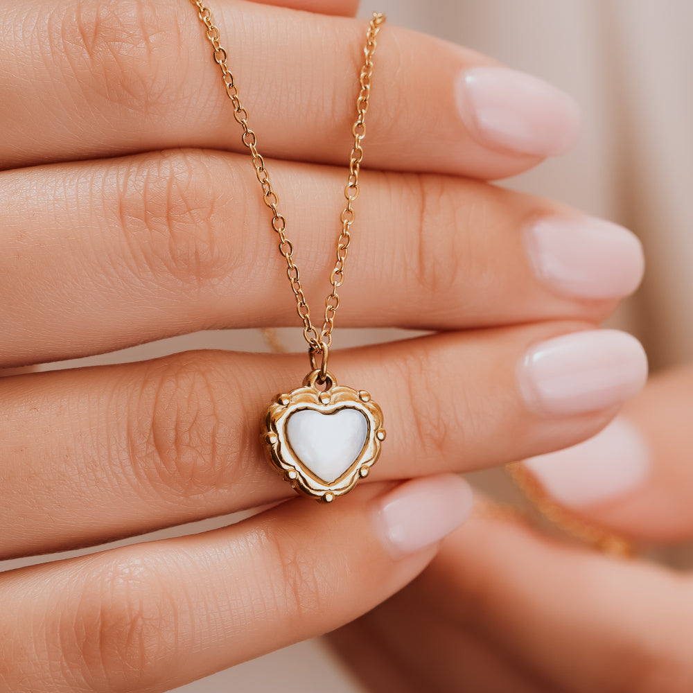 Gold plated mother of pearl bright white heart shaped necklace for he