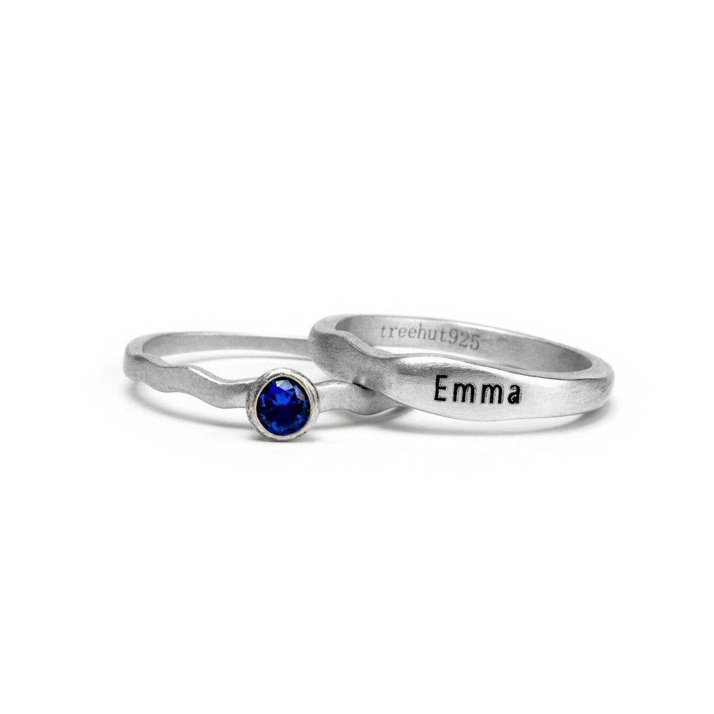 Birthstone Engraved Name Ring Set Women's Stone Ring