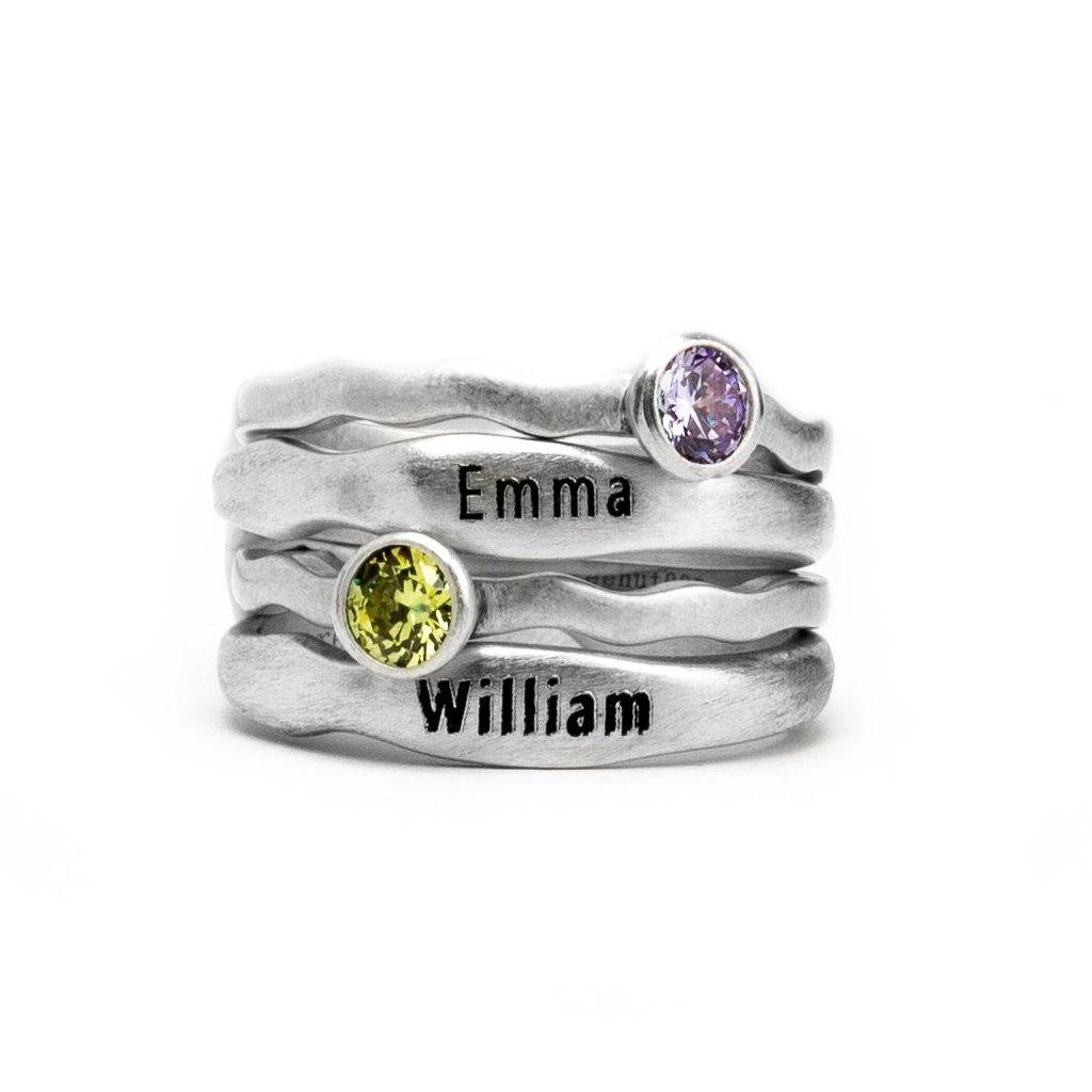 Birthstone Engraved Name Ring Set Women's Stone Ring