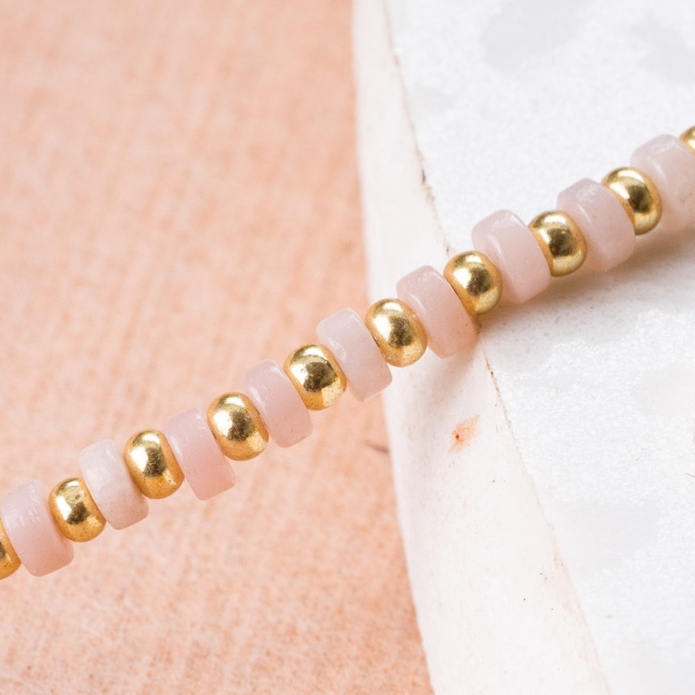 Treehut natural stone necklace with gold beads and pink rose quartz beads