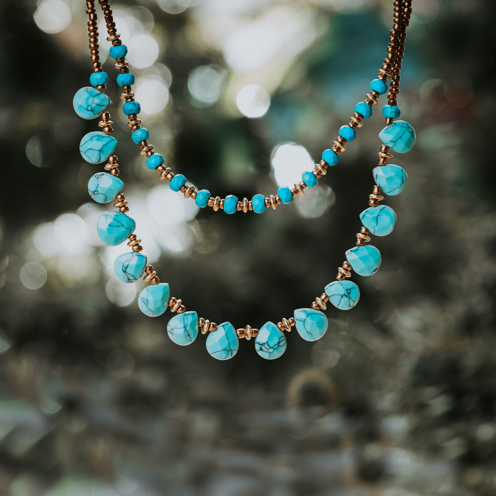 Treehut Blue and gold natural turquoise stone beaded necklace for women. Handmade in California