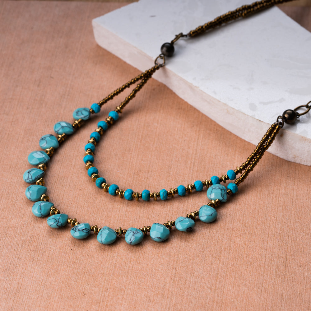 Handmade natural blue turquoise stone necklace. Natural stone gift for her. Natural stone jewelry