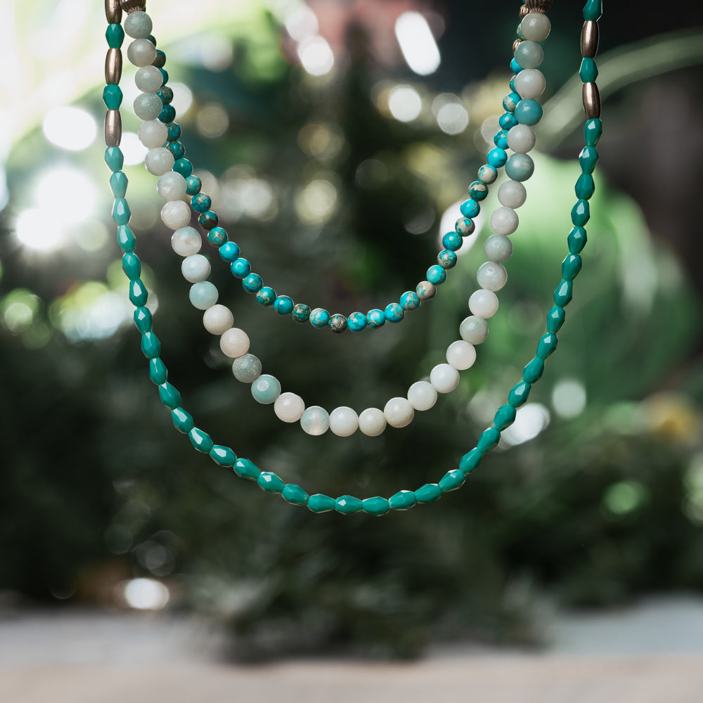 Handmade natural turquoise stone and amazonite stone necklace. Blue and white natural stone necklace