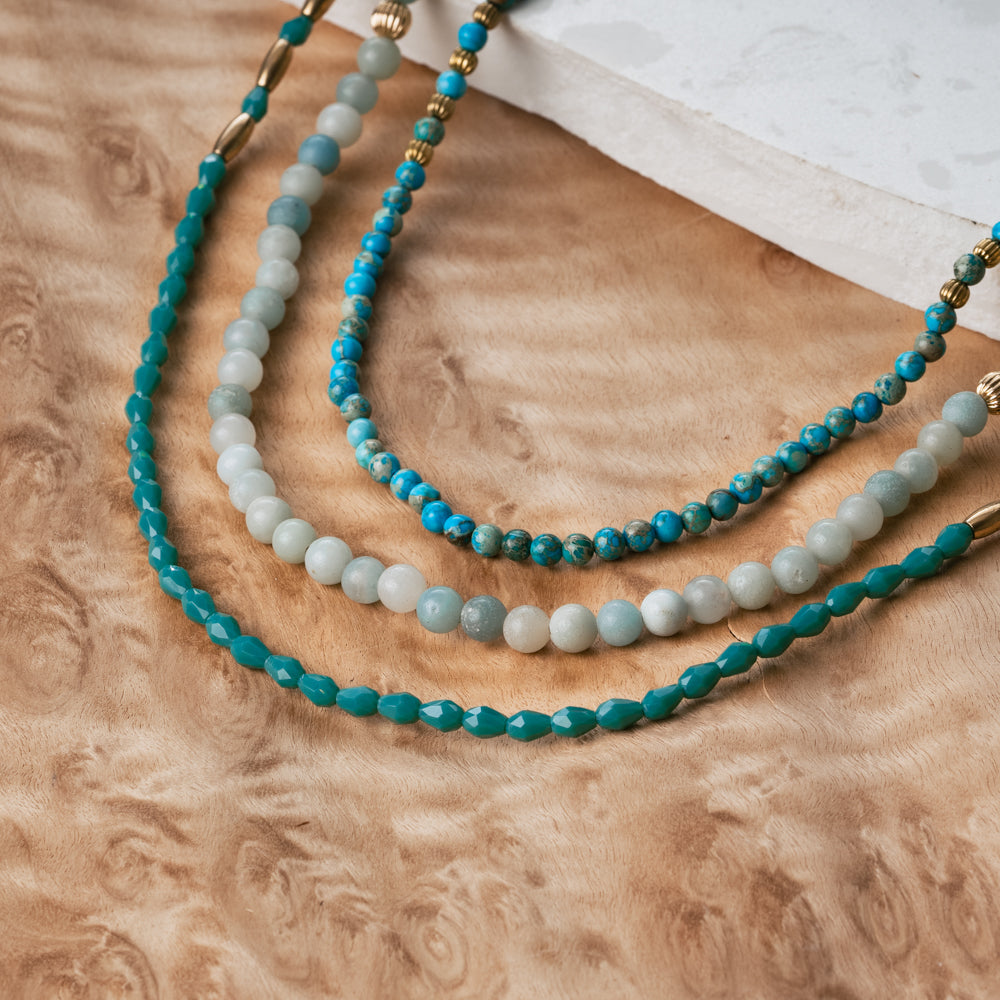 Amazonite and turquoise stone wrap around necklace in blue and white. Handmade in California