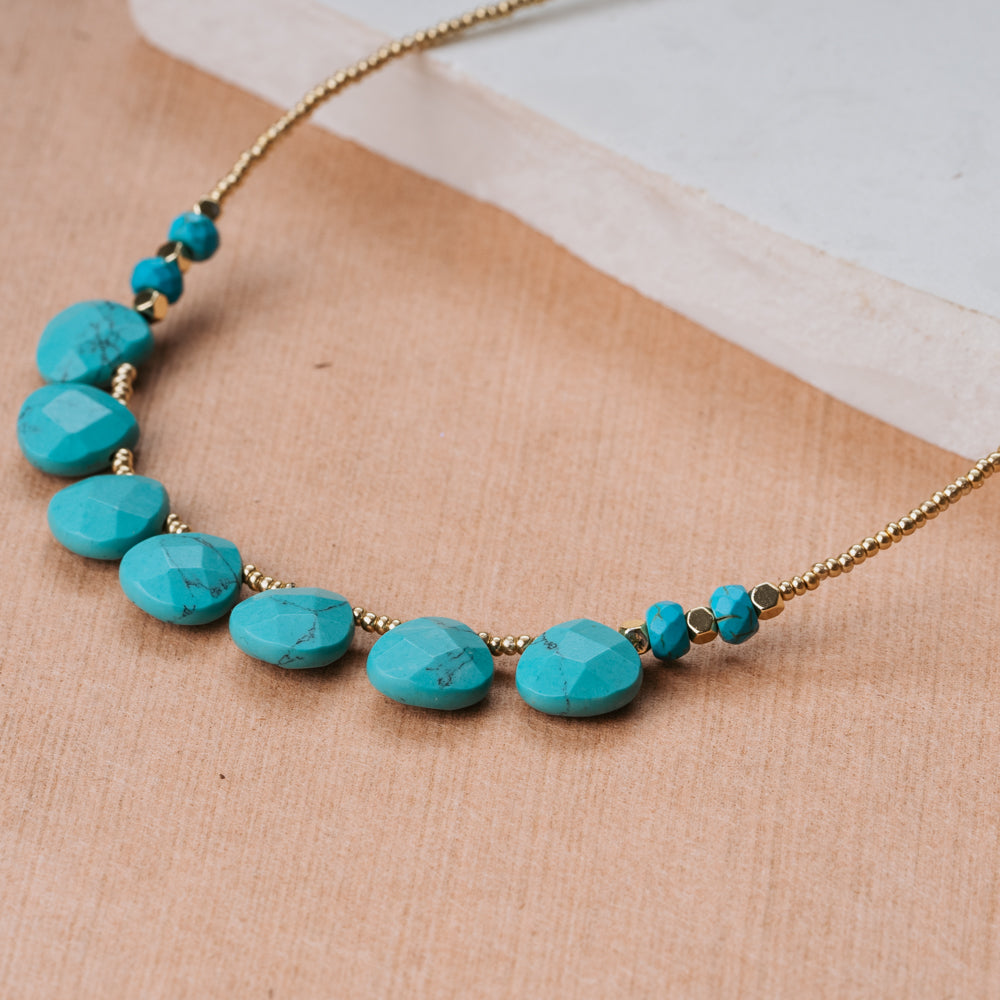 Protection stone necklace. Blue and gold natural stone necklace. Blue turquoise handmade necklace