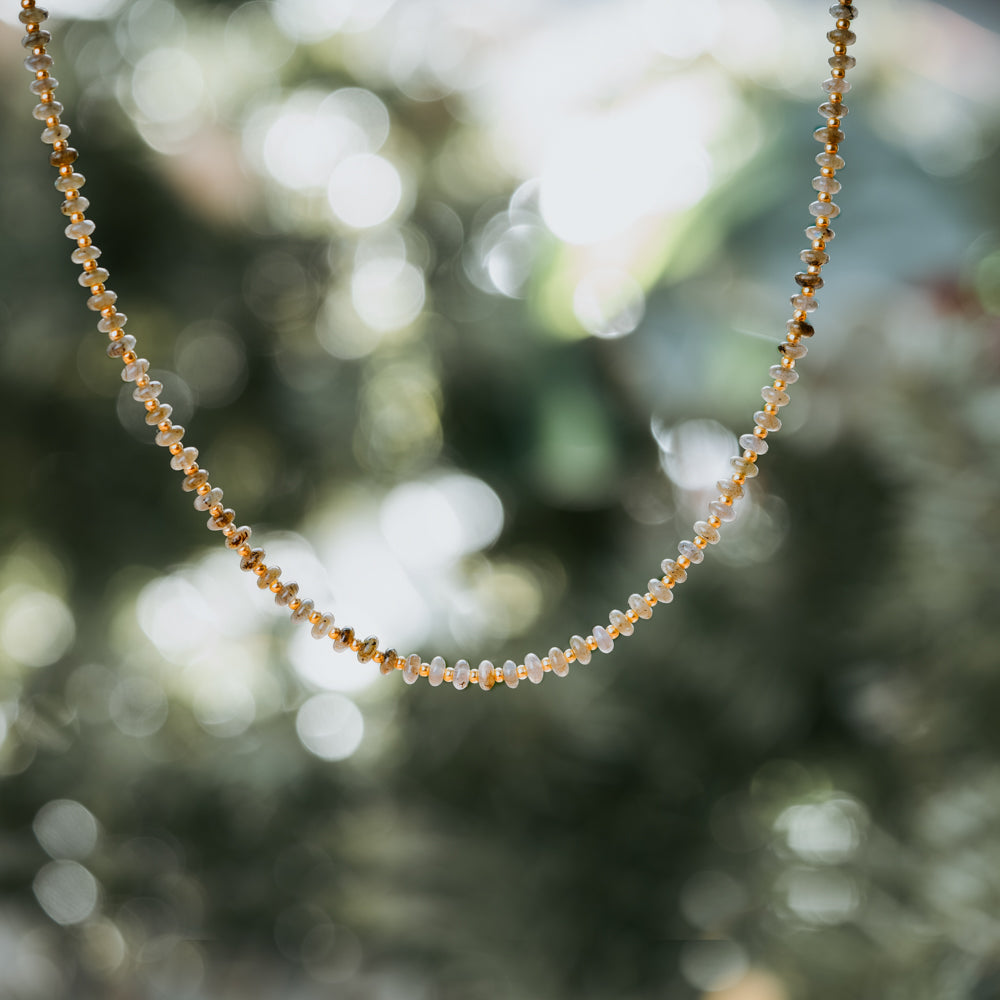 Treehut Gray and Gold natural stone necklace with labradorite stone. Protection stone necklace.