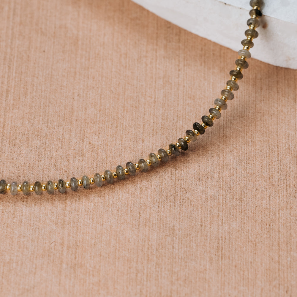 Gray and gold bead necklace with natural labradorite stone