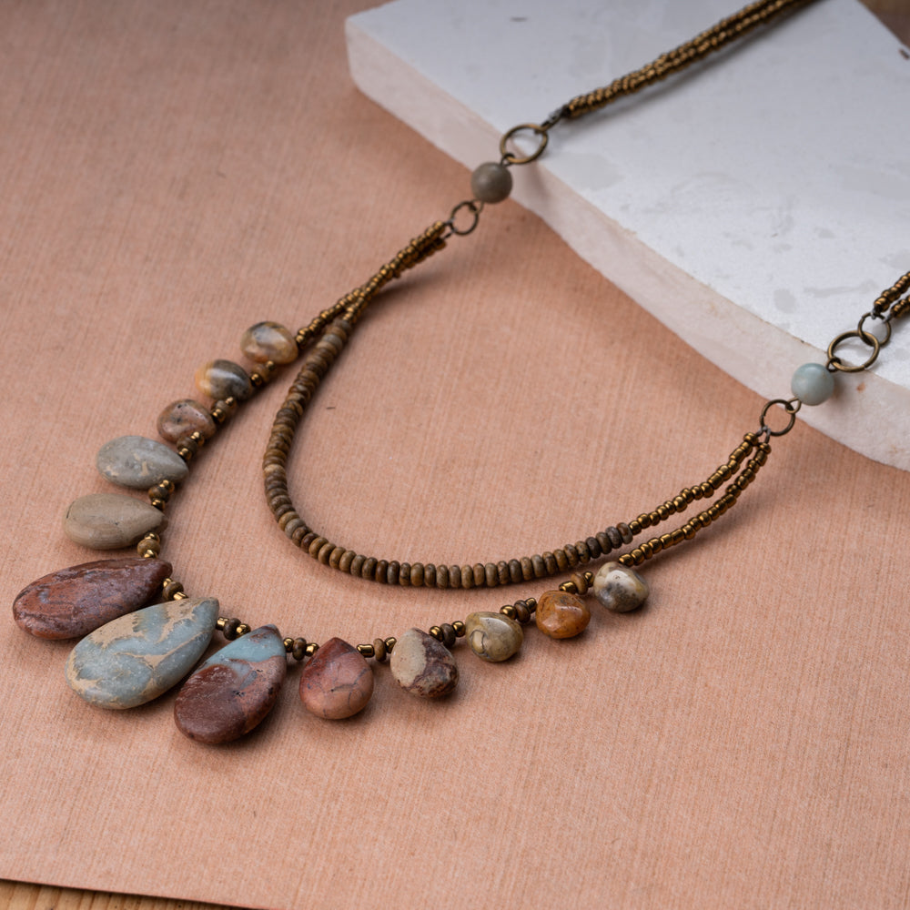 Handmade brown and blue natural jasper and agate stone necklace with seed beads