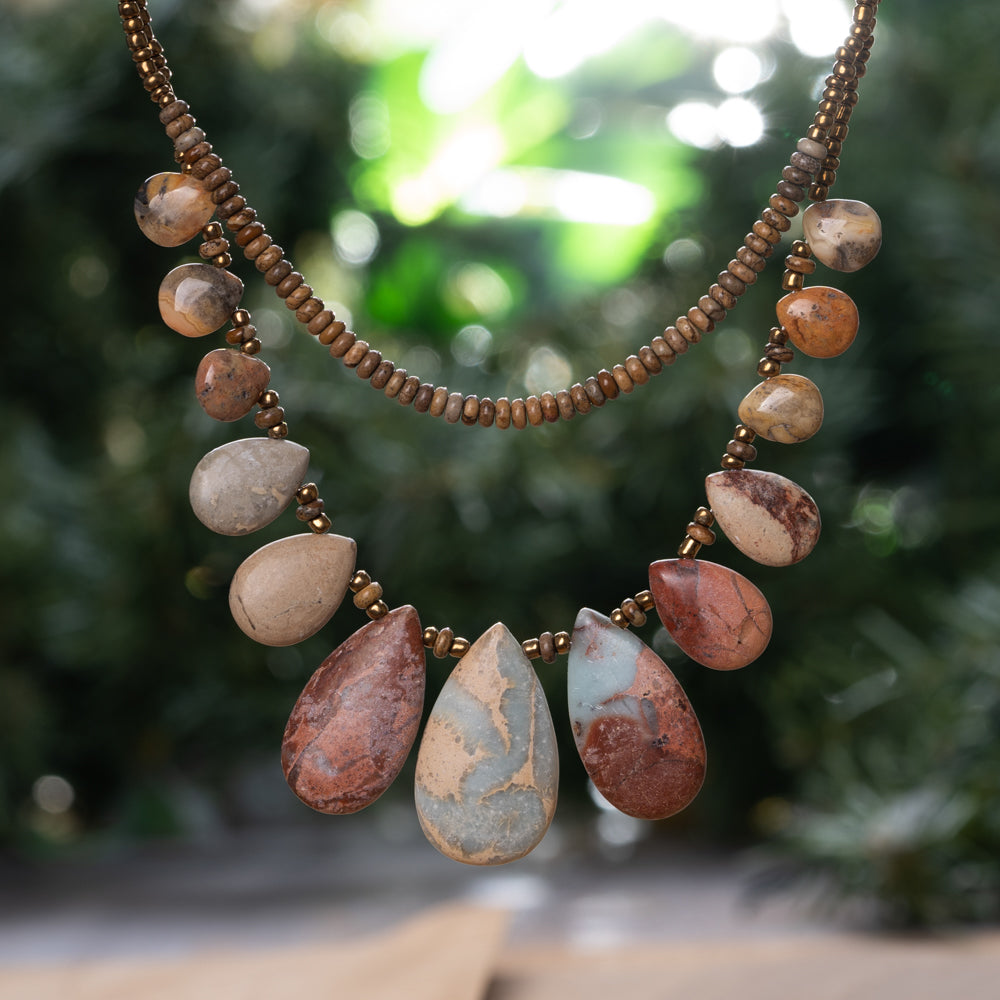 Natural Jasper stone necklace with seed beads handmade