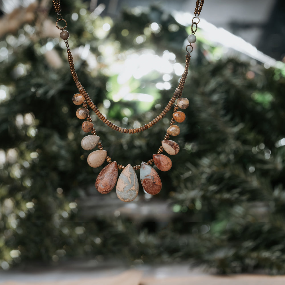 Women stone necklace by Treehut with natural teardrop shape jasper stones