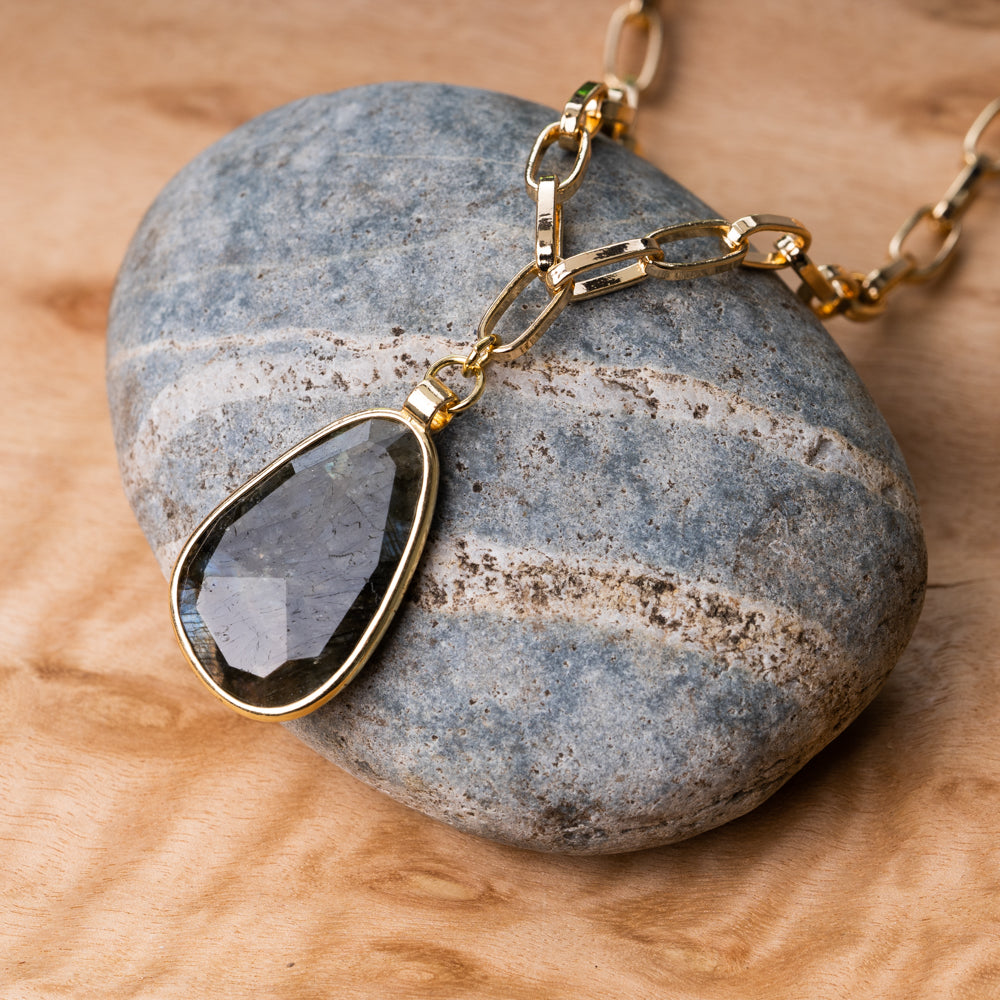 Blue and green labradorite stone pendant with gold cable chain for her