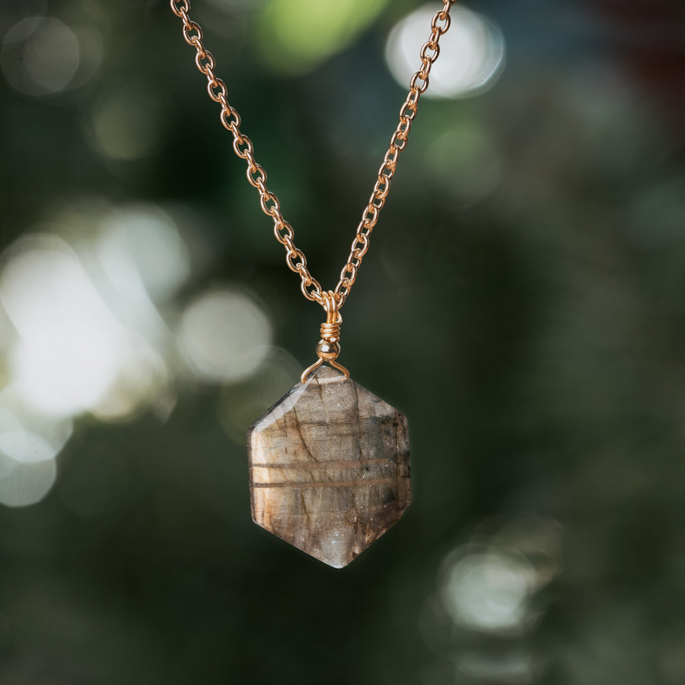 Natural stone necklace. Hexagon real labradorite stone pendant with blue and green natural stone
