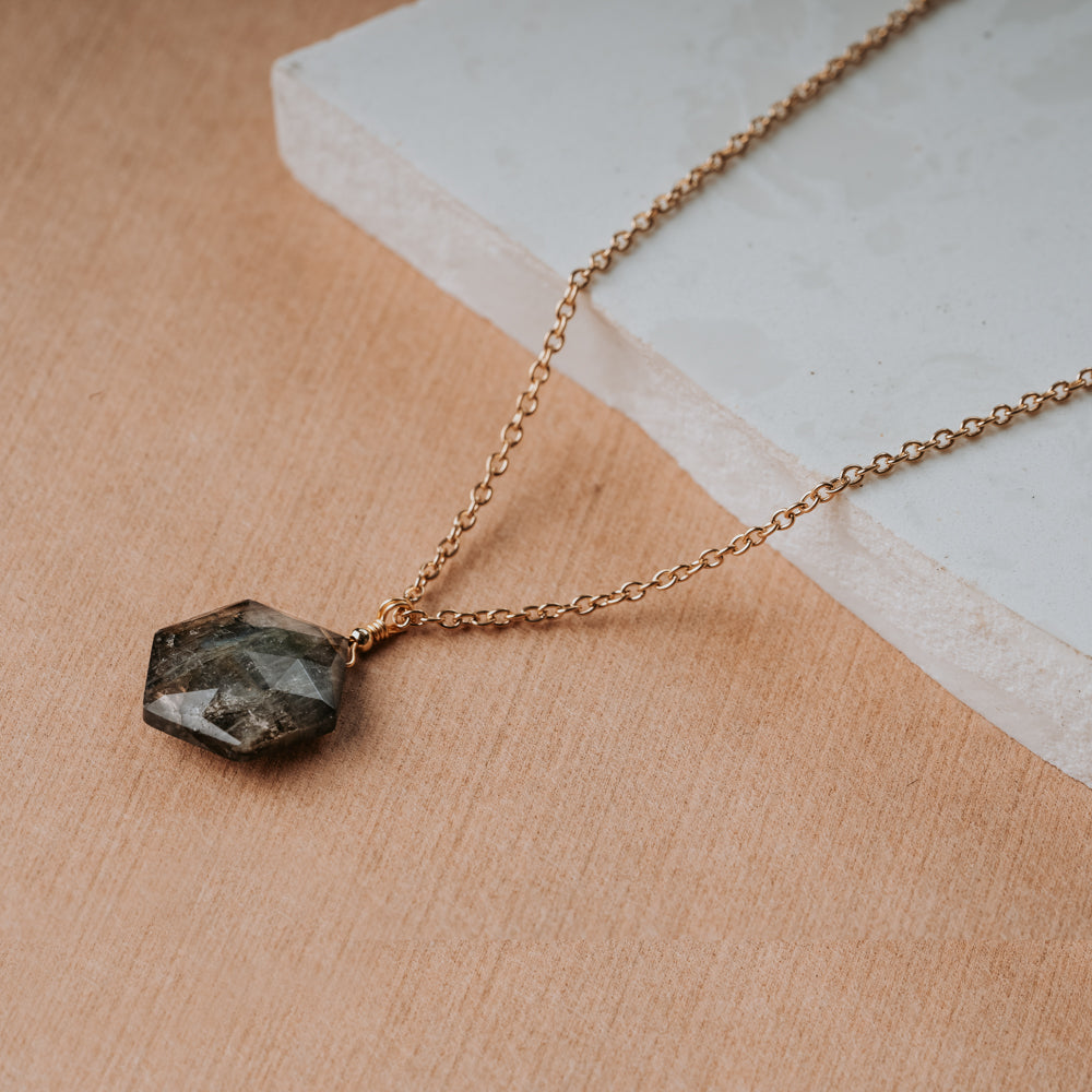 Labradorite stone pendant. Hexagon natural stone pendant with gold chain